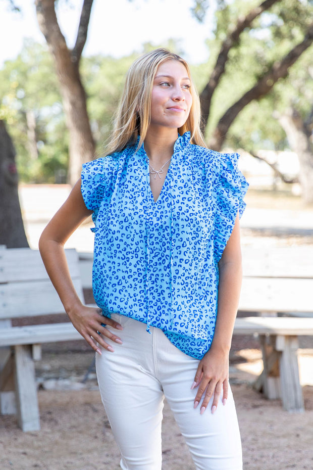 Blue Leopard Print Blouse With Ruffles