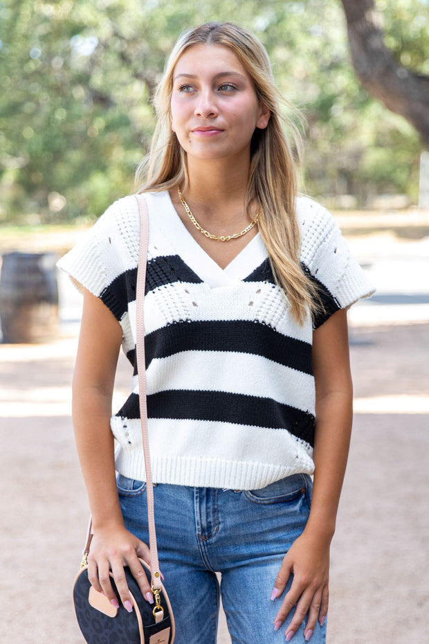 Black and White Striped Sweater With Short Sleeves