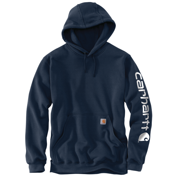 Navy Blue Pocket Hoodie With White Logo On Sleeve