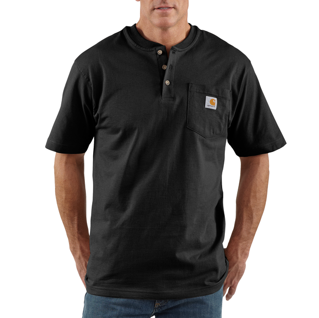 Black Short Sleeve Henley Tee With Front Pocket