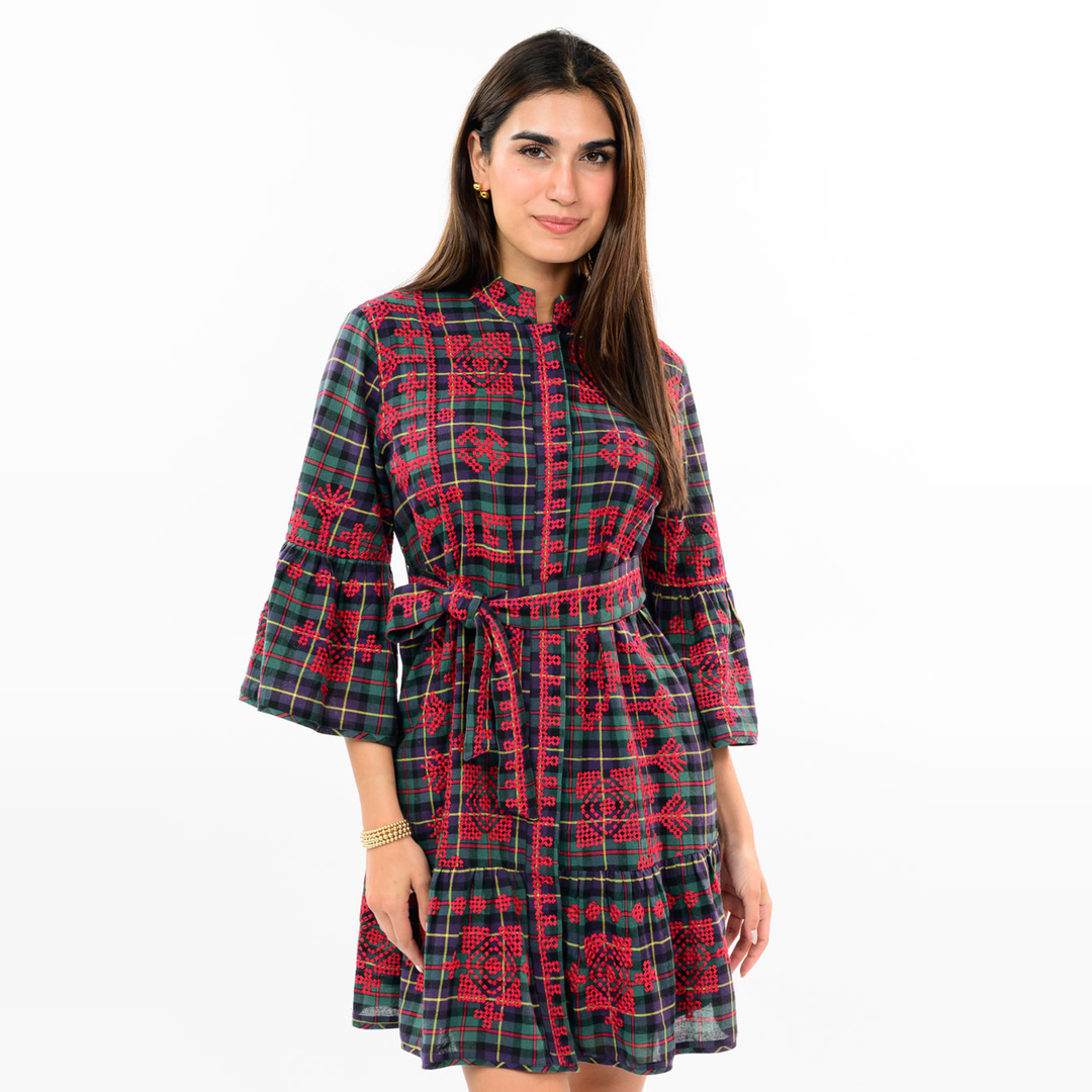 Ivy Jane Tartan Cross Stitch Embroidered Dress_IVY JANE_73701
